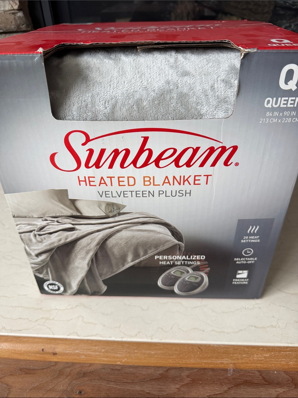 Sunbeam Queen Heated Blanket Velvet Plush 20 Heat Settings Dual Control
